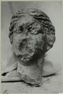 Marble head sculpture with wavy hair swept back, face worn and chipped, neck broken off at the base.