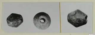 Three small dark beads from Milia, shown in separate views on a mounted print.