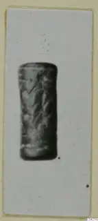 Cylinder seal from Milia with incised linear decoration, photographed on a pale card.