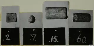 Four close-up photographs of small objects, each with a number label, mounted side by side on one card