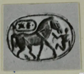 Engraved oval seal design showing a horse-like animal walking beside a small standing figure, with an oval panel of signs, from Amathus.