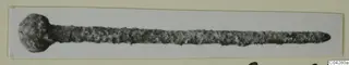Long metal pin with a rounded head, photographed on a white card, from Amathus