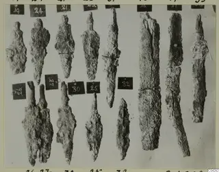 Corroded iron tools from Amathus laid out in rows, each beside a numbered label