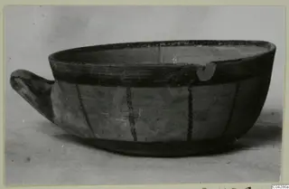 Pottery Levanto-Helladic Ware Bowl-Jar with one side handle and dark vertical stripes on the body