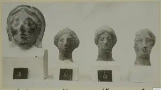 Four sculpted heads with faces on white plinths, from Marion, each with a number label.
