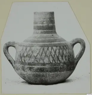 Two-handled jug with a tall neck and a band of crossing diagonal lines painted on its body.