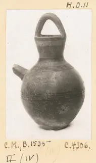 Globular pottery vessel with a strap handle and a short side spout, photographed on a card mount