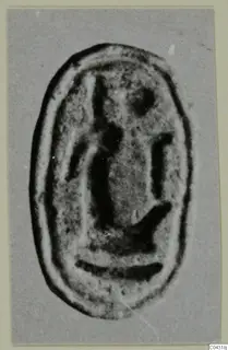 Glyptic find from Amathus: oval engraved stone seal with incised strokes and a curved mark, shown on grey card