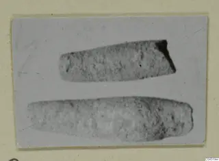 Two elongated, tapering bronze-coloured fragments from Amathus, shown as a print on a grey card mount
