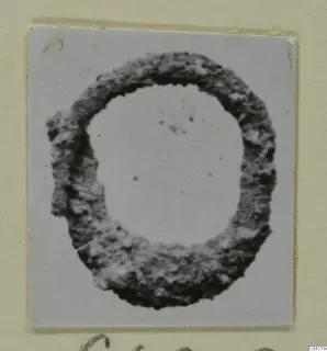 Ring-shaped find from Amathus with a rough, pitted dark surface, shown on a pale background
