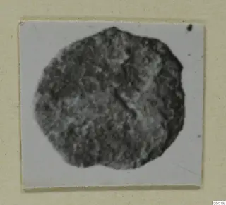 Blurred view of a round, dark, pitted object from Amathus, recorded as bronze.