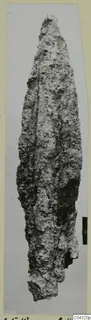Corroded iron weapon from Amathus, a long pointed blade photographed upright against a pale background