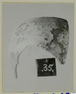 Curved fragment of faience from Amathus, with a number label beside it