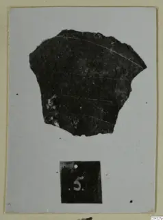 Dark pottery sherd on a pale background beside a number label, from Amathus