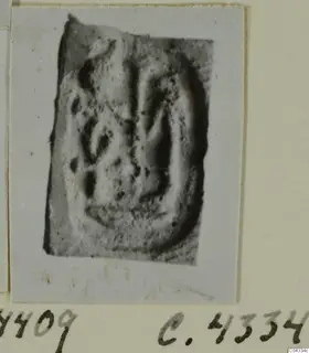 Engraved seal with a carved design of curved and upright incised lines, shown on a mounted photograph card.