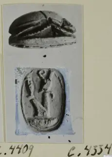 Two photographs of a stone scarab on a photo mount, showing its side and its engraved base.