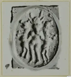 Glyptic: an oval seal or gem with a raised design, shown on a card