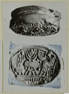 Two photographs of a scarab seal on a card: its domed back above and its carved oval base below.