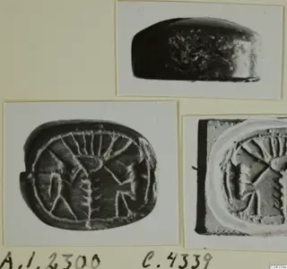 Three photographs of a small oval stone seal: a side view, the incised design on its face, and an impression of it