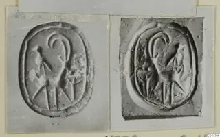 Two photographs of an oval engraved seal impression showing a standing figure with a curved headdress.