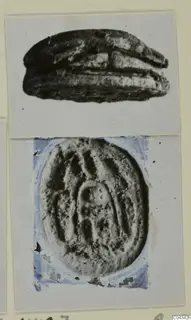 Two views of a stone scarab: the segmented domed back above and the flat base with a carved design below.
