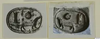 Two photographs of an oval seal showing a quadruped, a round disc and an upright sign, mounted on card