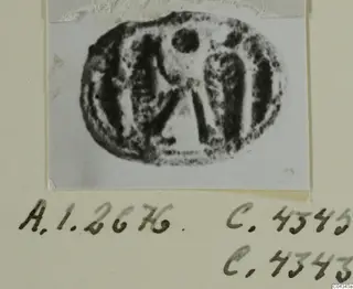 Oval seal or gem with an incised design, shown as a print pasted onto a card with handwritten numbers