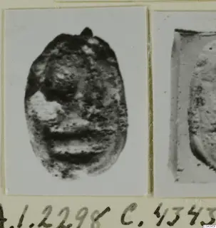Small oval seal in stone beside a cropped close view of its impression, mounted on a card