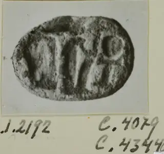 Oval seal or gem with an incised design, photographed and mounted on a card with handwritten numbers