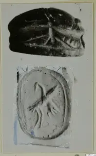 Scarab-shaped seal and the engraved face of a seal stone with a bird, two photographs on one card mount