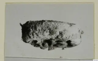 Blurred photograph of a small rounded object, possibly a seal or gem, from Ayia Irini
