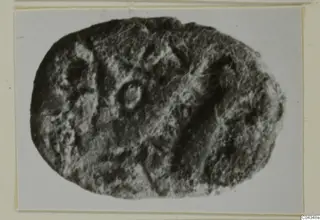 Oval glyptic object from Ayia Irini with incised decoration, photographed on a card mount.