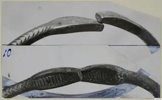 Silver bracelet from Vouni 292, shown in two joined photographs with chevron and ribbed incised decoration