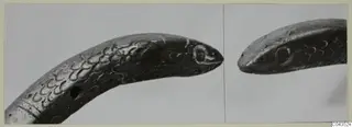 Two views of a silver-grey metal object ending in a snake's head, with incised scale pattern