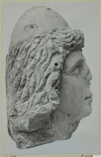 Carved stone head from Soli, shown in profile, with wavy hair worked in relief down the side.
