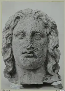 Carved stone head of a youth with wavy hair from Soli, photographed against a grey backdrop.
