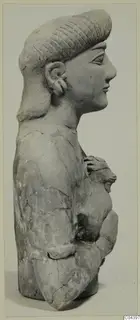 Terracotta bust in profile facing right, with incised hair and hands holding a small rounded form at the chest