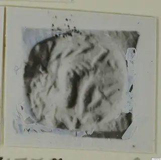 Blurred photograph of an oval stone object, probably a glyptic piece, mounted on a card