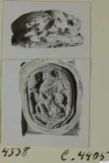 Two views of an oval stone seal, one showing its side and one its engraved face