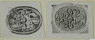 Two photographs of an oval seal design with interlaced looping and scroll motifs around a central knot