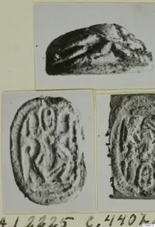 Three photographs of seal-stone finds: one scarab-shaped stone seen from the side and two incised oval faces