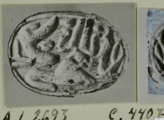 Oval engraved seal or gem with curved grooved lines, shown enlarged on a mounted photograph