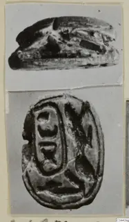 Two photographs of a scarab seal, one showing its side and one its carved base with incised signs, mounted on a card