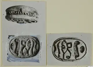 Three photographs of engraved seals and a scarab mounted on a grey card