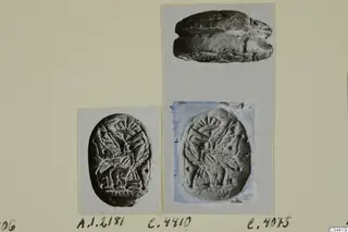 Photo mount with three photographs of a scarab and two engraved seal faces from Ayia Irini, with handwritten labels below