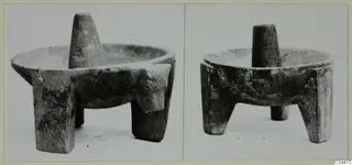 Two views of a stone mortar on three short legs, with a pestle standing upright in its bowl