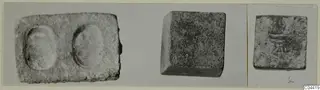 Three block-shaped objects in separate views; the left one has two oval hollows in its top face.