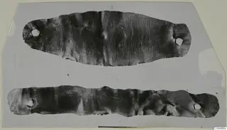 Two flat metal strips with a small hole near each end, Bronze Age gold and silver from Enkomi