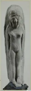 Terracotta figurine of a standing nude figure from Ayia Irini, arms at its sides, with a long veil or mantle down both sides.