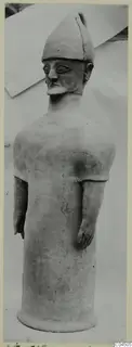 Terracotta Proto-Cypriote I standing figure from Ayia Irini, arms at sides, tall conical cap